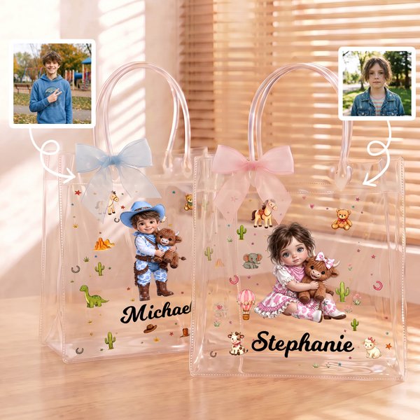 Personalized Cartoon Cowboy Cowgirl Photo Clear Gift Bag with Name and Ribbon Birthday Christmas Gift for Boys Girls