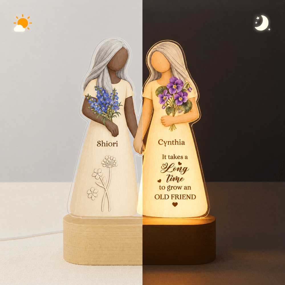 Personalized Birth Flower Faceless Human-Shaped Acrylic LED Night Light with Names and Base Anniversary Birthday Christmas Gift for Besties Sisters 5