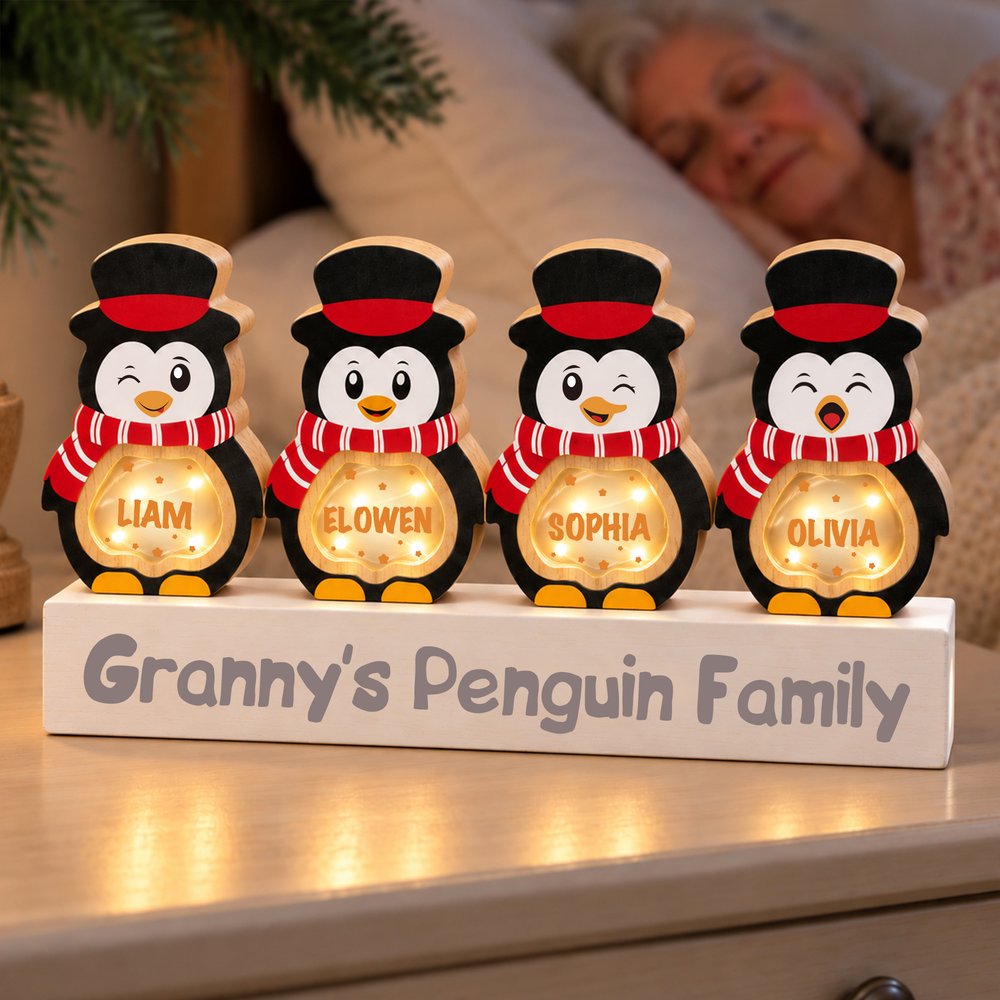 Personalized 1-14 Cartoon Penguin LED Light Wooden Christmas Ornament with Name and Text Christmas Gift for Family Kids 4