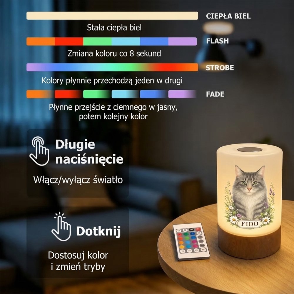 Personalizowana lampka nocna LED z akwarelowym zdjęciem pupila i imieniem ściemniana dotykowa z pilotem prezent na święta dla właścicieli zwierząt 9