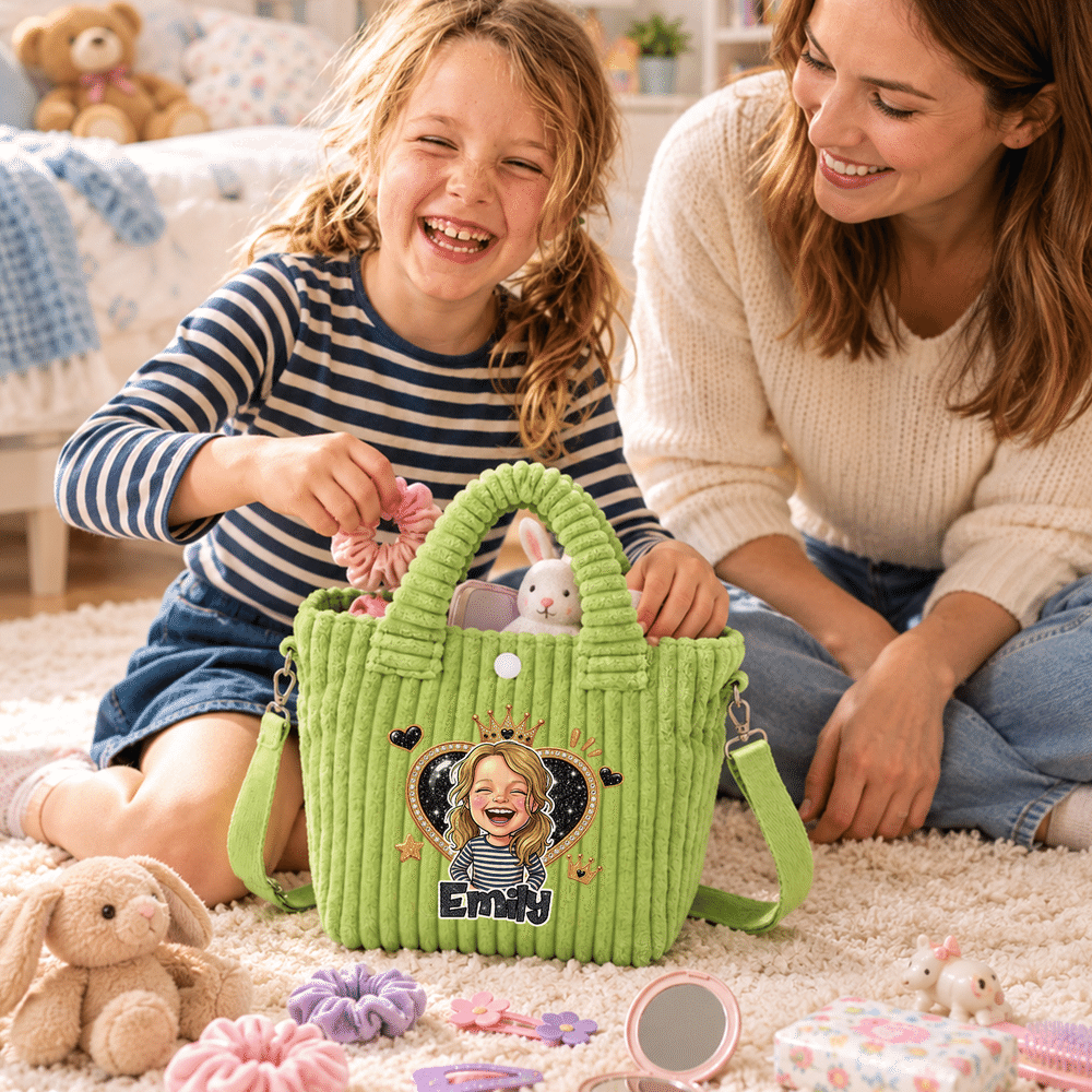 Bolso bandolera de pana personalizado con foto de un personaje de dibujos animados con purpurina y nombre: regalo de cumpleaños o Navidad para niñas 2