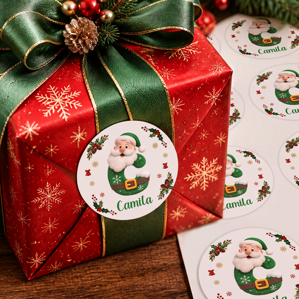 Personalised Santa Claus Initial Waterproof Square Round Stickers Labels with Name Gift Decor Christmas Party Gift for Kids Friends 4