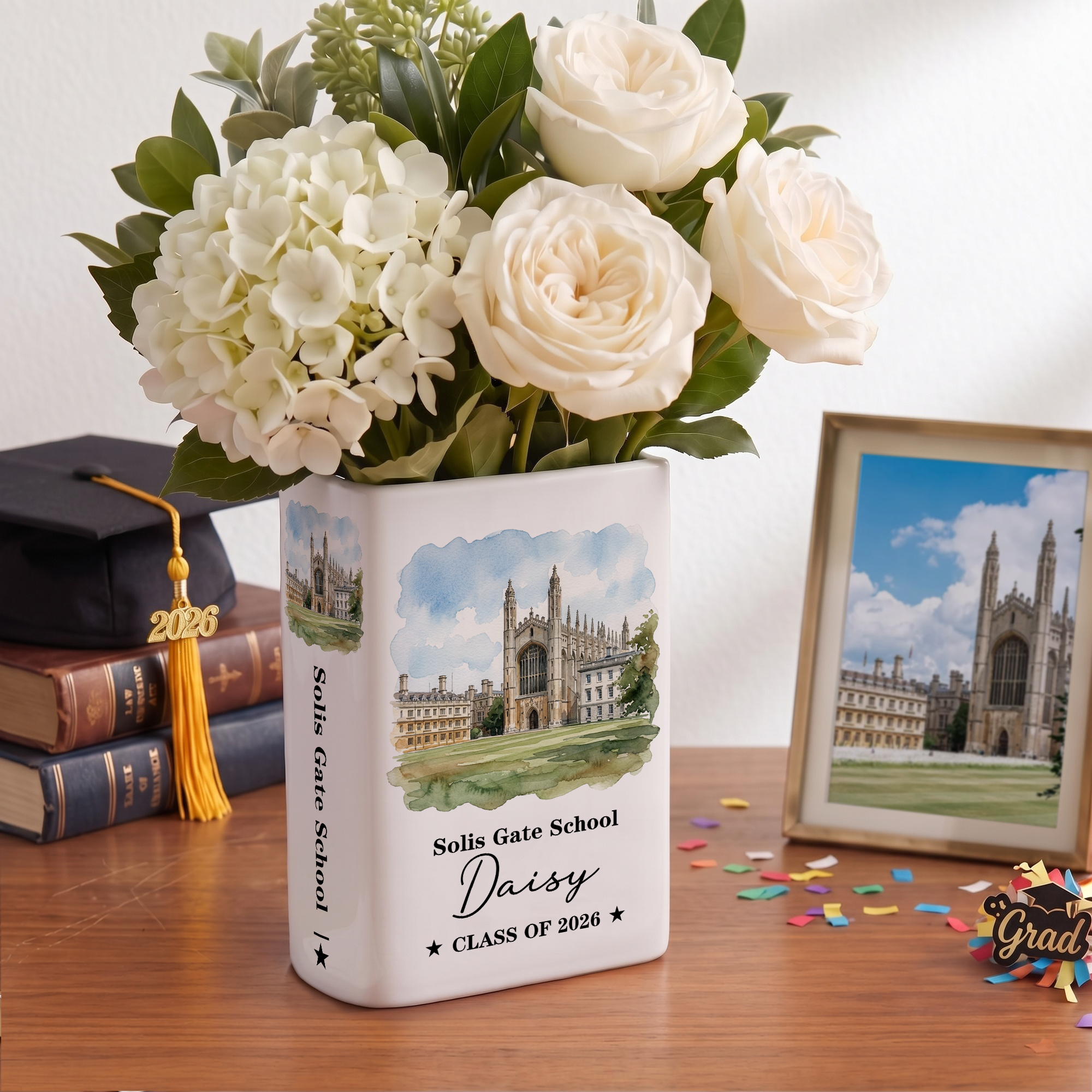 Personalized Watercolor Campus Photo Ceramic Book Vase with Name and Year Home Decor Graduation Gift for Graduates College Students