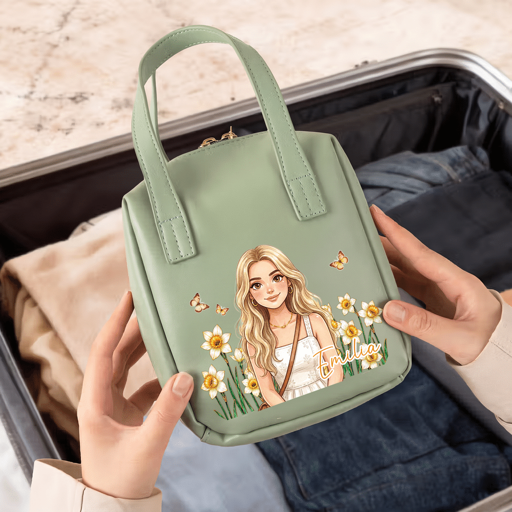 Personalised Birth Flower & Cartoon Character Photo PU Leather Makeup Bag with Name and Handle Daily Use Birthday Gift for Girls Women 6