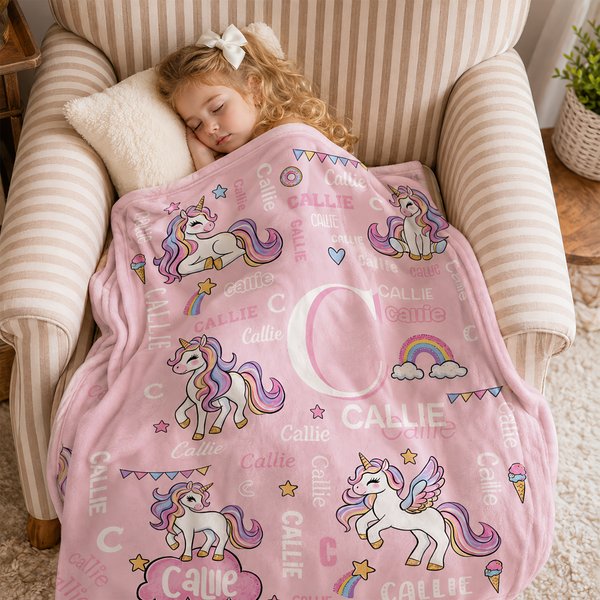 Personalised Rainbow Star Fantasy Unicorn Soft Throw Blanket with Name and Initial Home Decor Birthday Christmas Gift for Girls
