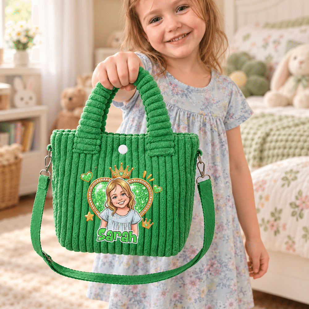 Bolso bandolera de pana personalizado con foto de un personaje de dibujos animados con purpurina y nombre: regalo de cumpleaños o Navidad para niñas 3