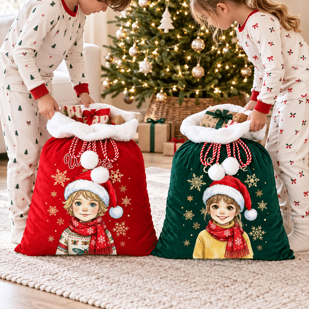 Personalized Christmas Hat Cartoon Character Photo Velvet Pom-Pom Santa Sack with Name Christmas Gift for Kid Friend 3