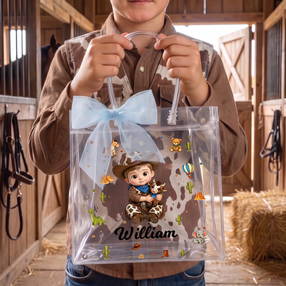 Personalized Cartoon Cowboy Cowgirl Photo Clear Gift Bag with Name and Ribbon Birthday Christmas Gift for Boys Girls 4