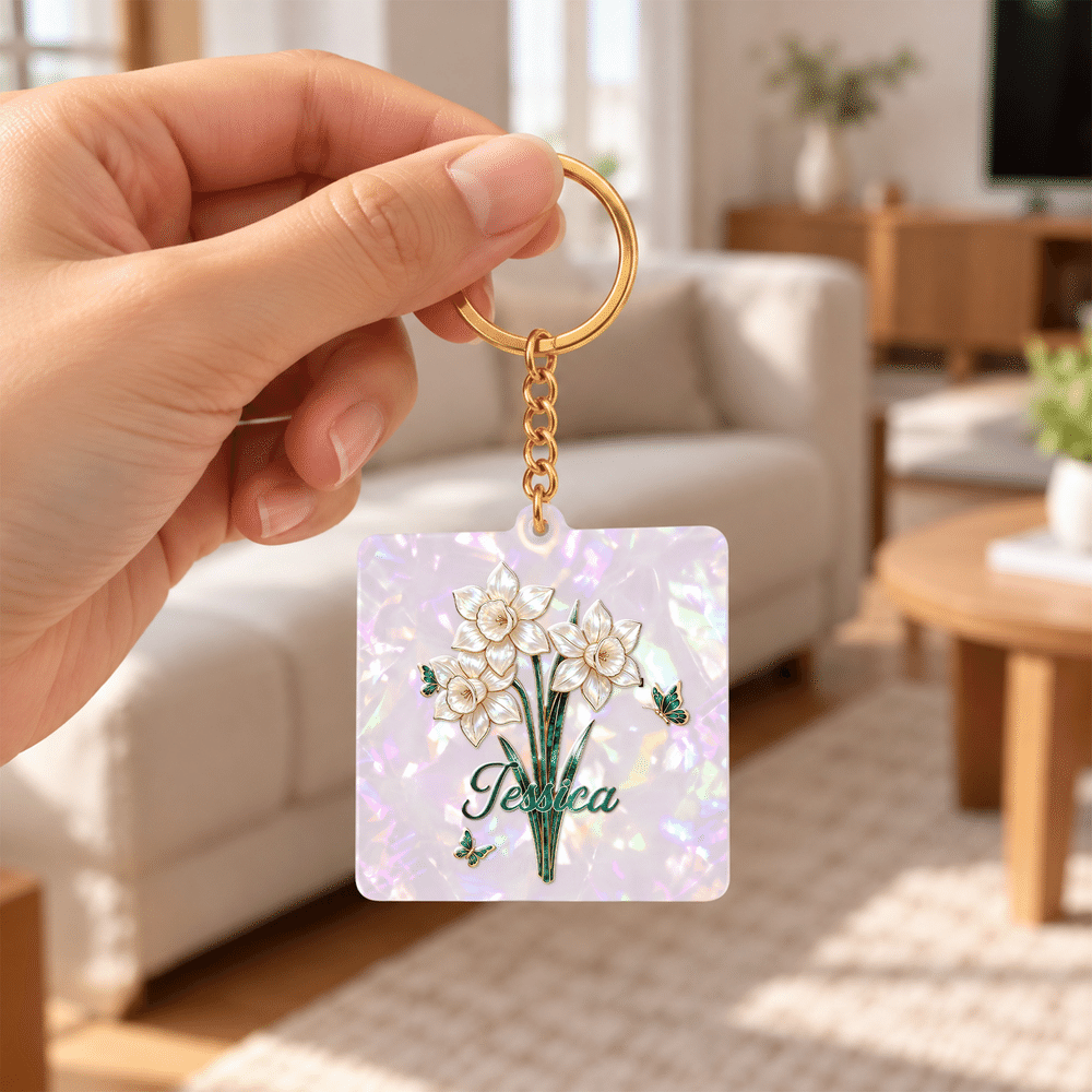 Personalized Butterfly Birth Flower Pearlescent Acrylic Round Square Keychain with Name Daily Use Birthday Gift for Besties Women 4