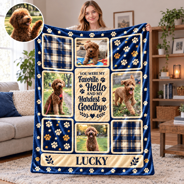 Individuell gestaltete, mehrfarbige Kuscheldecke mit Tiermotiv, Namen und Text – Trostgeschenk zum Tod eines Haustieres für Tierhalter