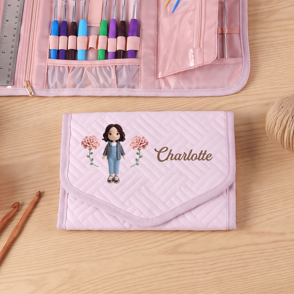 Personalised Crocheted Textured Design Photo Birth Flower Crochet Hook Organiser Knitting Accessories Birthday Gift for Crochet Enthusiasts 3
