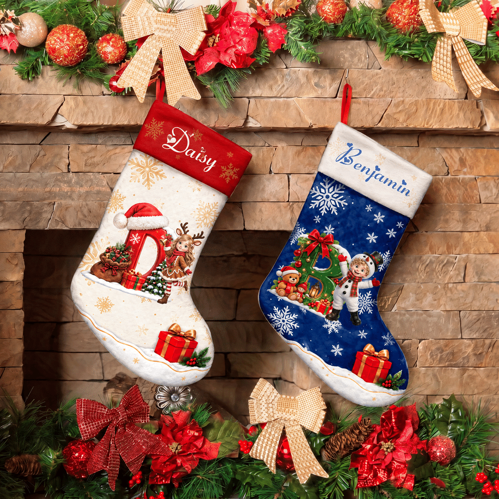 Gepersonaliseerde kerstsok met 3D-effect, cartoonfiguur en sneeuwvlok, met naam en initiaal – kerstcadeau voor familie, kinderen en vrienden 5