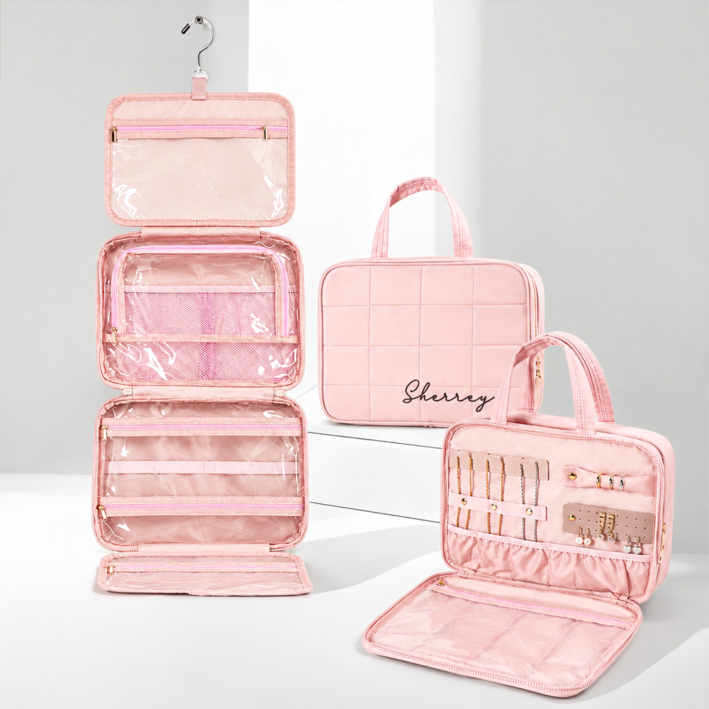 Personalisierte Puffy gesteppt Doppel-Reißverschluss Mehrkammern Make-up-Reisetasche mit Namen und eingebauten Haken Geschäftsreise Geburtstag Geschenk für Frauen