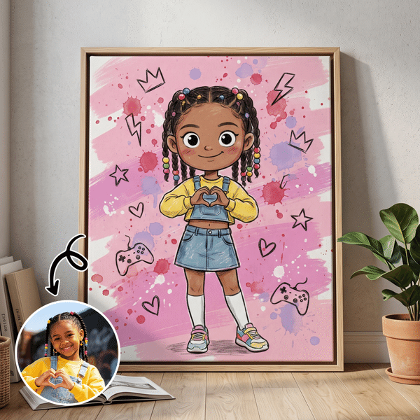 Personalisierte Q-Version-Cartoon-Leinwanddrucke mit Kinderfiguren und Namen – Wohnaccessoire und Geburtstagsgeschenk für frischgebackene Eltern