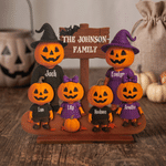 Personlig treplakett med 3D-effekt: «Jack O’ Lantern»-familien i flere lag, med navn – interiørdekorasjon og Halloween-gave til familien 4
