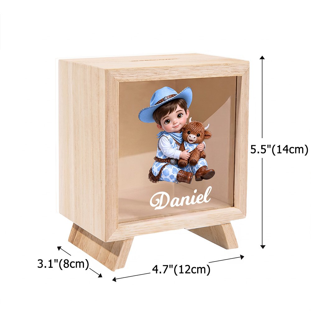 Hucha de madera personalizada con diseño de dibujos animados de vaqueros y vaqueras, con efecto 3D, con nombre, decoración de escritorio, regalo de Navidad para niños 6