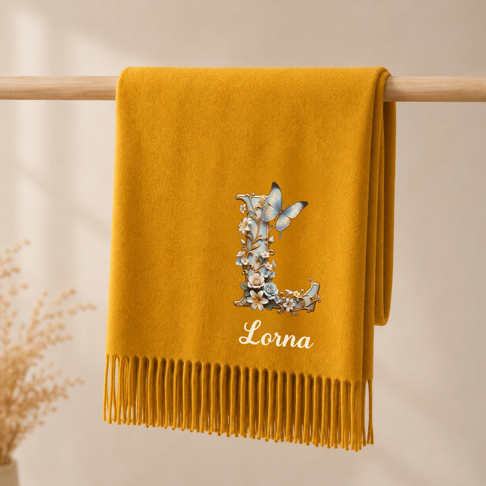 Personalised Floral Art Butterfly Initial Design Soft Warm Scarf with Name and Tassel Winter Accessory Christmas Gift for Woman 4