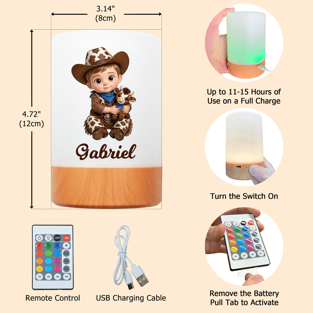 Personalized 3D-Effect Artwork Cartoon Cowboy Child Remote Control LED Night Light with Name Daily Use Birthday Christmas Gift for Kids Children Boys 9