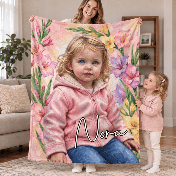 Personalized Multicolor Oil Painting Style Birth Flower Photo Soft Throw Blanket with Name Home Decor Christmas Birthday Gift for Kid Family Friend