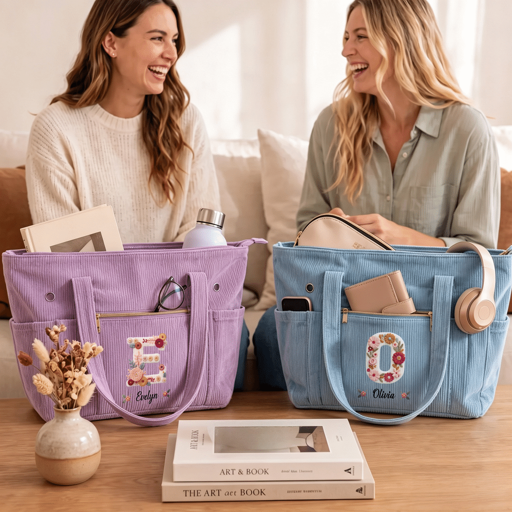 Borsa tote in velluto a coste personalizzata con iniziale floreale e ampia capienza, con nome: regalo di uso quotidiano, per compleanni e Natale, per donne appassionate di uncinetto 7