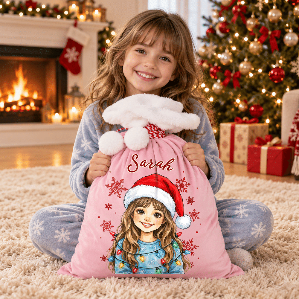 Personalized Christmas Hat Cartoon Character Photo Velvet Pom-Pom Santa Sack with Name Christmas Gift for Kid Friend 4