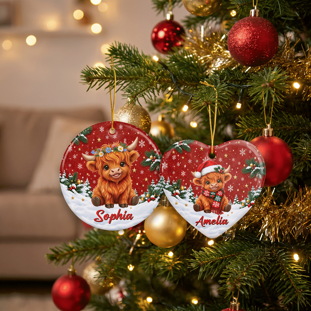 Personalised Christmas Highland Cow Heart Round Ceramic Ornament with Name Tree Decor Christmas Gift for Highland Cow Lovers Family 5