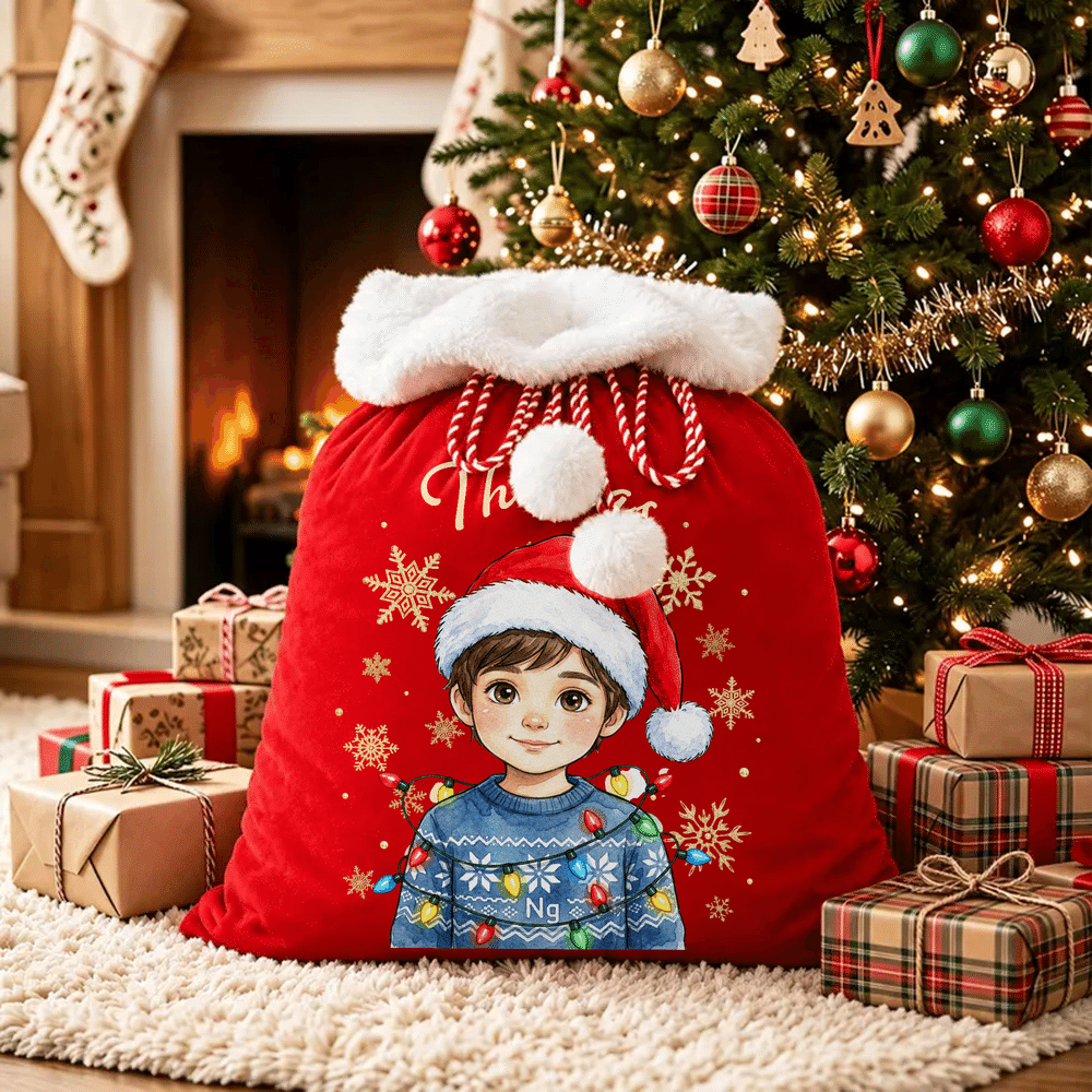 Personalized Christmas Hat Cartoon Character Photo Velvet Pom-Pom Santa Sack with Name Christmas Gift for Kid Friend 6