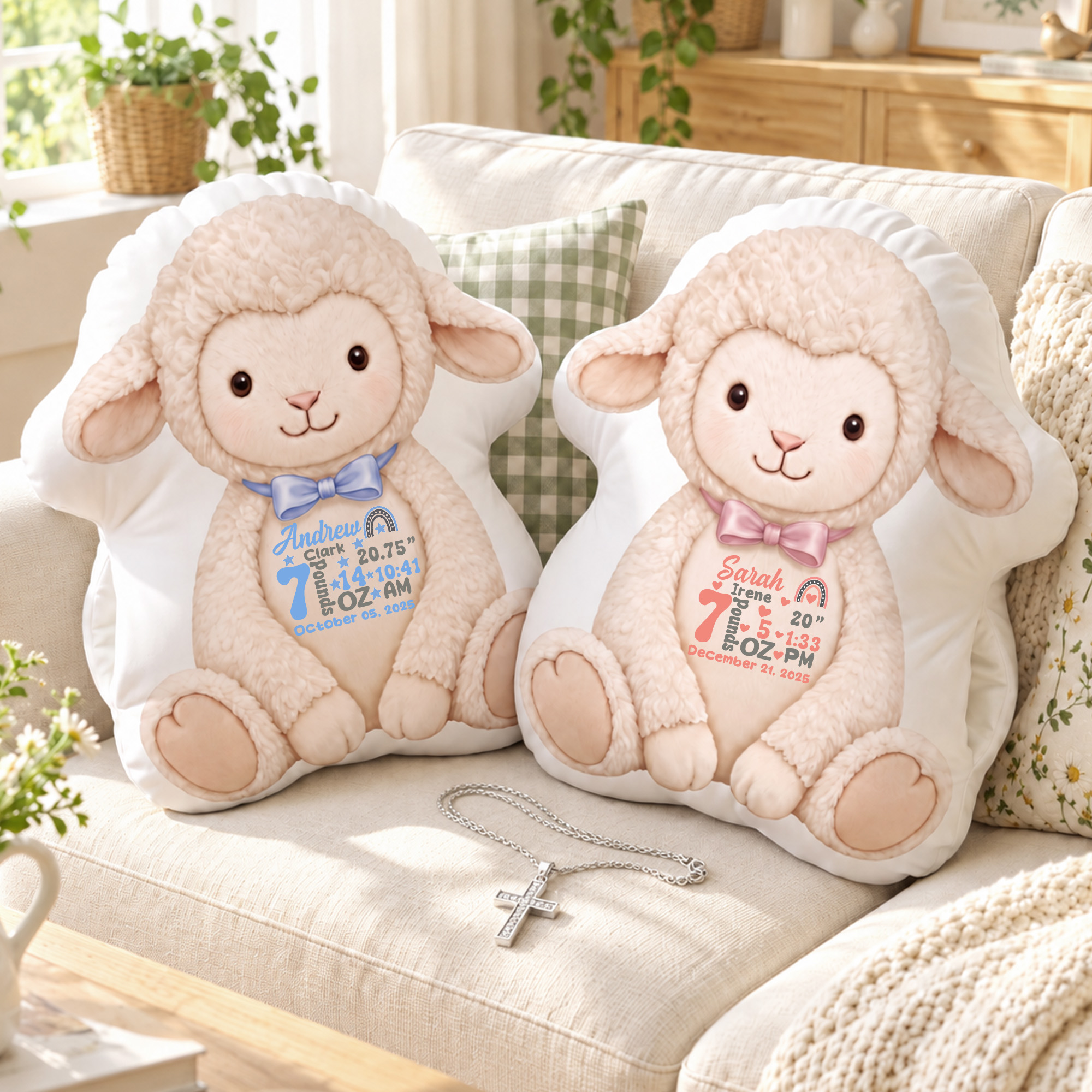 Personalized Cute Sheep Birth Information Hand Warmer Throw Pillow Home Decor Daily Use Birthday Baptism Christmas Gift for Babies Parents Christians