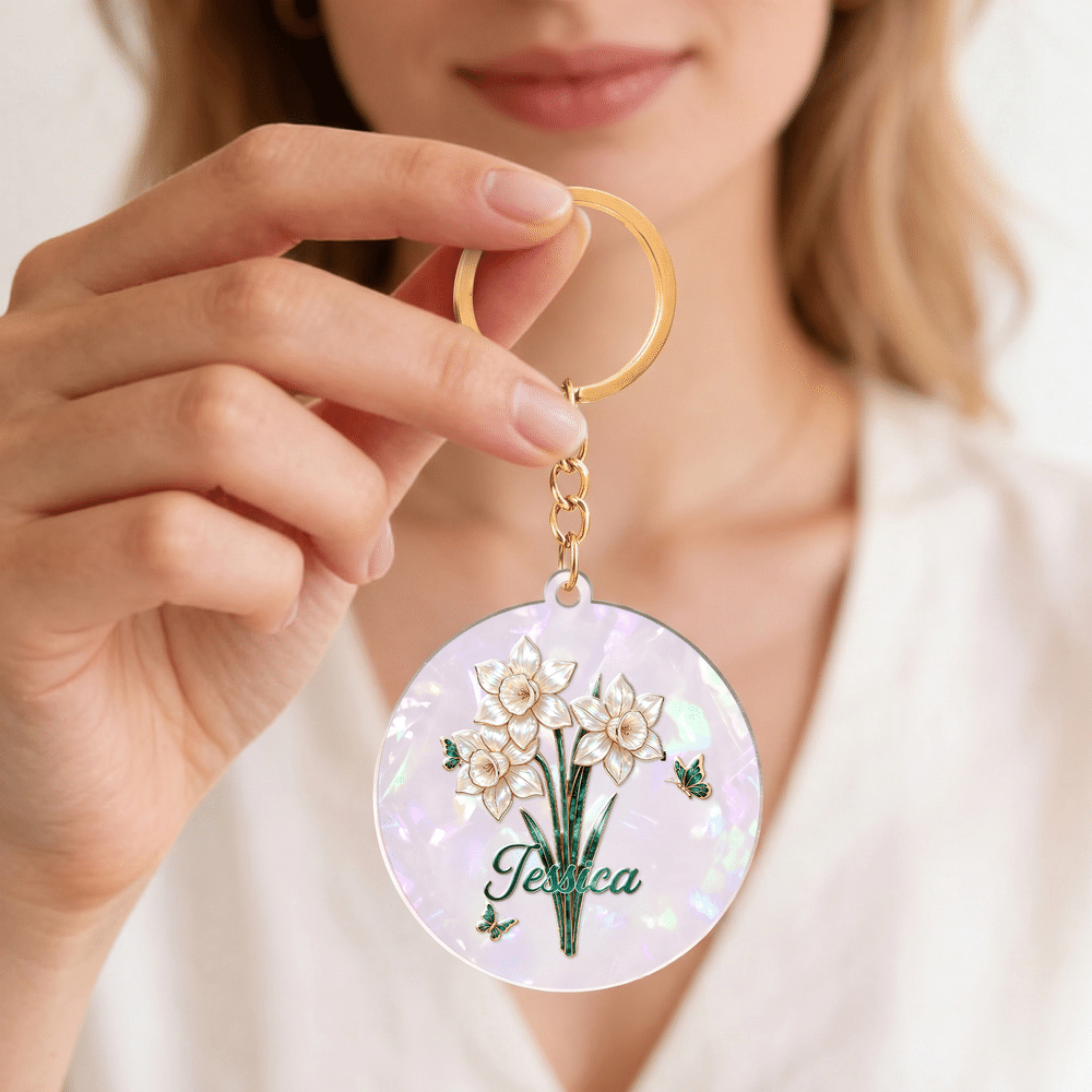 Personalized Butterfly Birth Flower Pearlescent Acrylic Round Square Keychain with Name Daily Use Birthday Gift for Besties Women 2