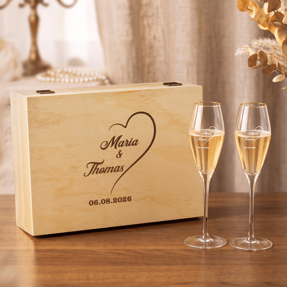 Personalized Elegant Gold Rim Set of 2 Champagne Flutes Wooden Keepsake Box with Engraved Names and Date Wedding Gift for Newlyweds 1