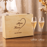 Personalized Elegant Gold Rim Set of 2 Champagne Flutes Wooden Keepsake Box with Engraved Names and Date Wedding Gift for Newlyweds 1