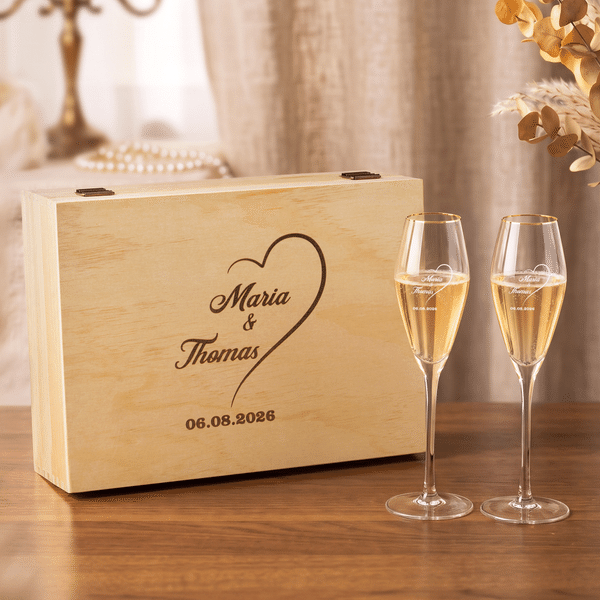 Personalized Elegant Gold Rim Set of 2 Champagne Flutes Wooden Keepsake Box with Engraved Names and Date Wedding Gift for Newlyweds