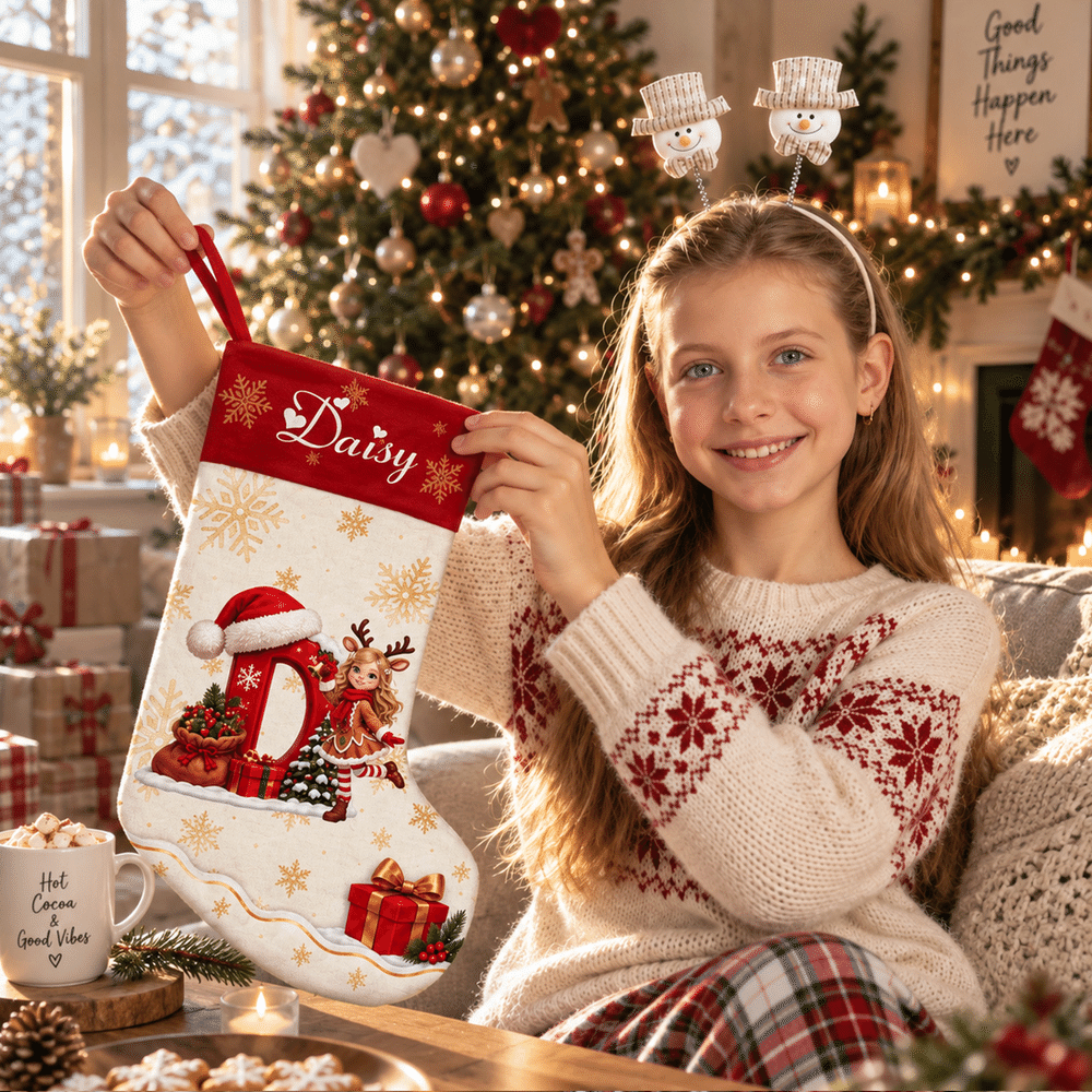 Gepersonaliseerde kerstsok met 3D-effect, cartoonfiguur en sneeuwvlok, met naam en initiaal – kerstcadeau voor familie, kinderen en vrienden 4