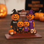 Personlig treplakett med 3D-effekt: «Jack O’ Lantern»-familien i flere lag, med navn – interiørdekorasjon og Halloween-gave til familien 3