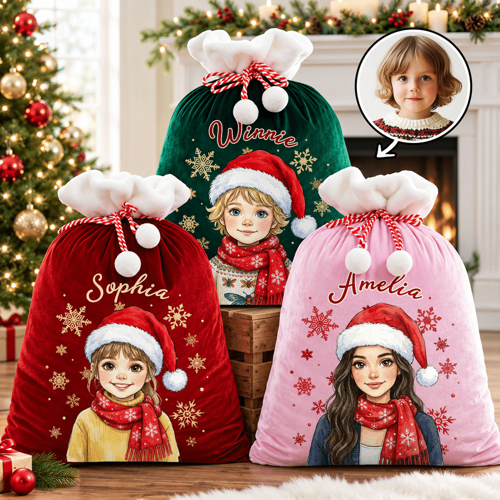 Personalized Christmas Hat Cartoon Character Photo Velvet Pom-Pom Santa Sack with Name Christmas Gift for Kid Friend 1