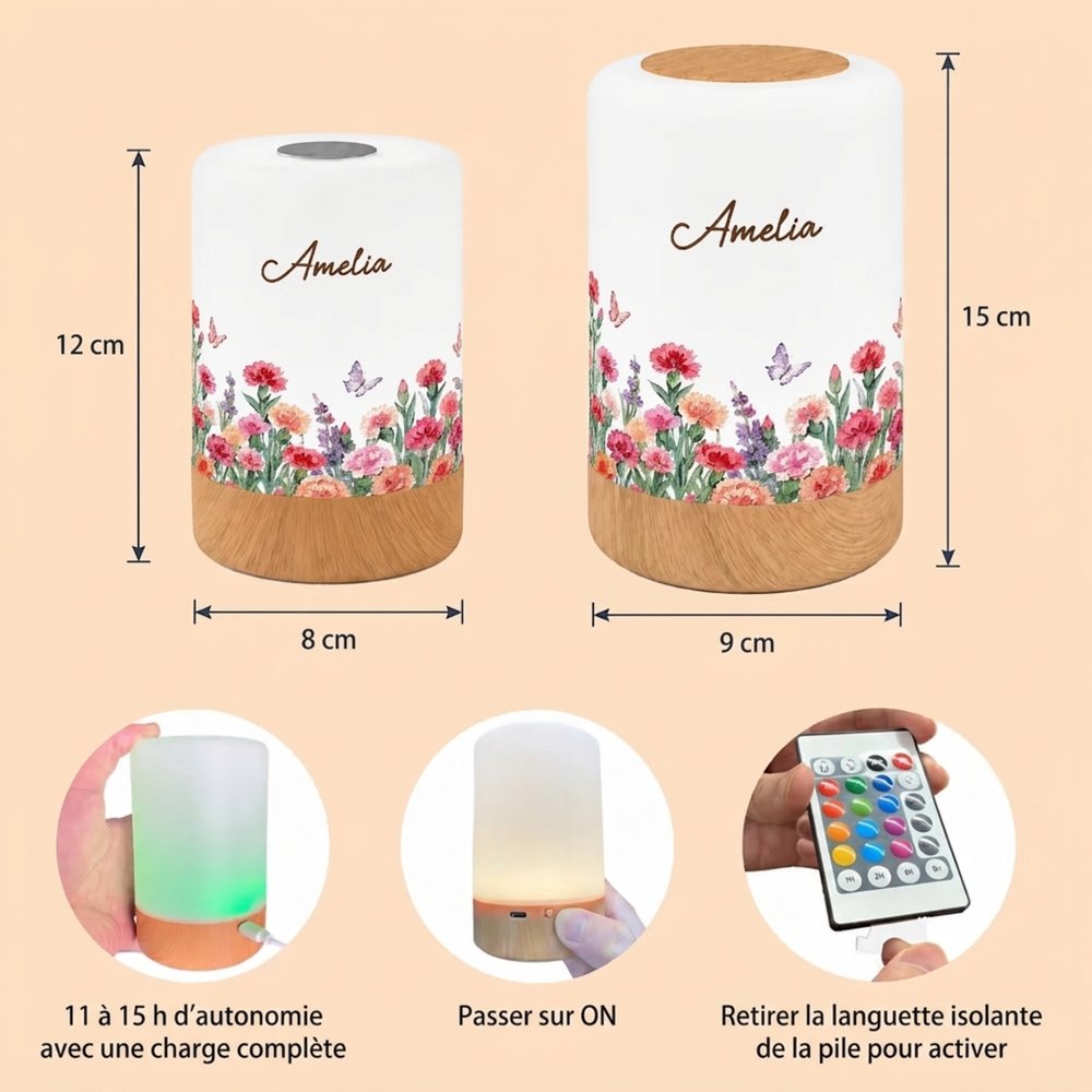 Veilleuse LED tactile personnalisée avec fleur de naissance et nom - Lumière changeable - Cadeau d'anniversaire pour les femmes la famille 10