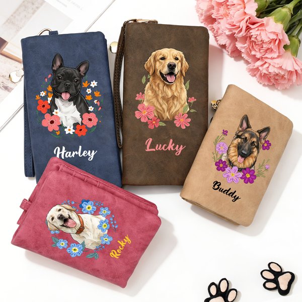 Personalisierte Geldbörse mit Aquarell-Tierfoto | mit Namen und Handschlaufe | PU-Leder | Lang- & Kurzformat | Geburtstagsgeschenk für Tierliebhaber
