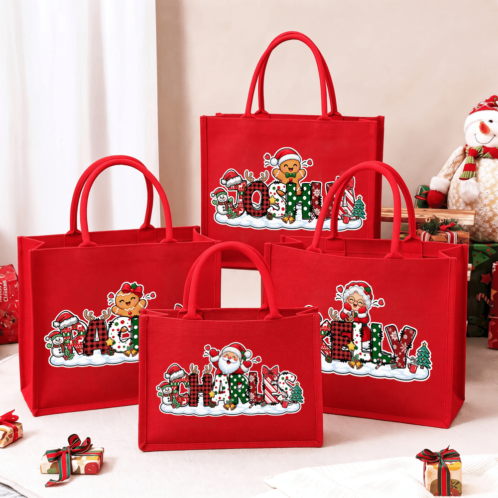 Personalized Cute Santa Claus Gingerbread Man Snowman Large Capacity Red Tote Bag with Name Christmas Party Gift for Kids Family Friends 4