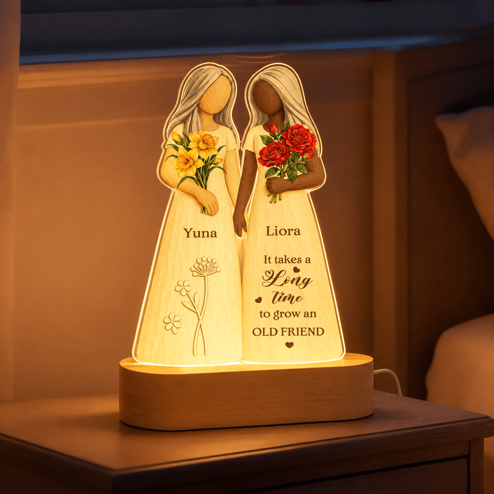 Personalized Birth Flower Faceless Human-Shaped Acrylic LED Night Light with Names and Base Anniversary Birthday Christmas Gift for Besties Sisters 2