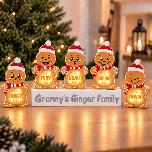 Personalized 1-14 Christmas Gingerbread Family LED Light Wooden Ornament with Name and Text Home Decor Christmas Gift for Family Grandma Mom