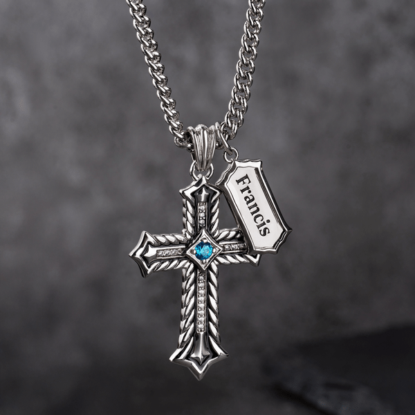 Collar personalizado de plata de ley con cruz, piedra natal y nombre: joya delicada para el día a día, regalo de cumpleaños para el marido, el padre u otro hombre