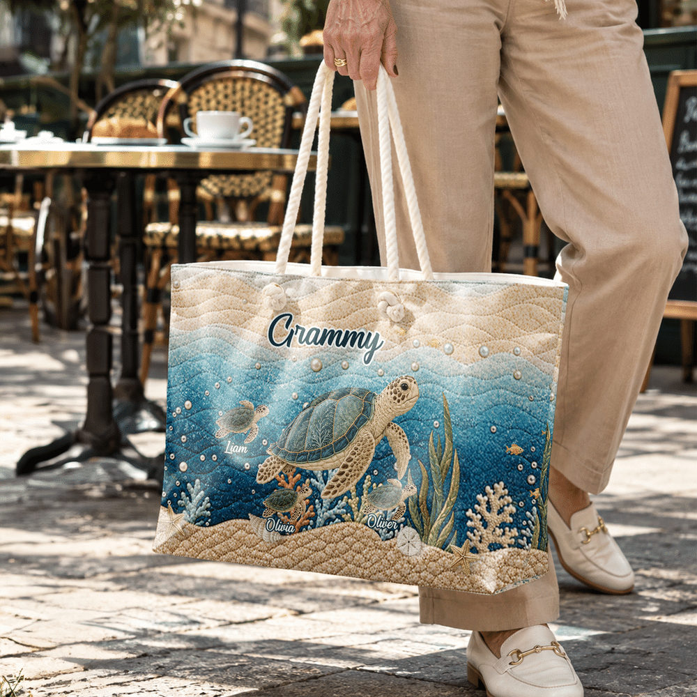 Personalised Cartoon Sea Turtle Pattern Quilted Effect Tote Bag with Title and 1-10 Names Travel Essential Birthday Gift for Woman Gran Family 4