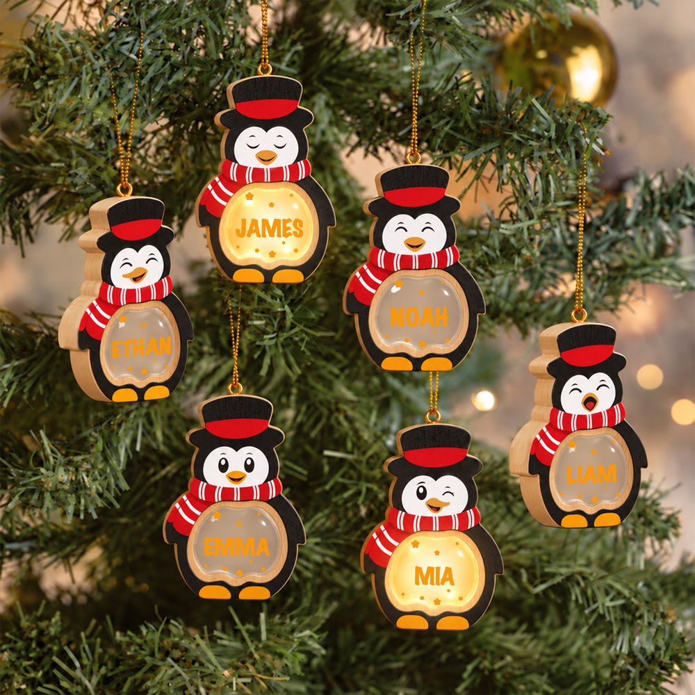 Personalized 1-14 Cartoon Penguin LED Light Wooden Christmas Ornament with Name and Text Christmas Gift for Family Kids 7