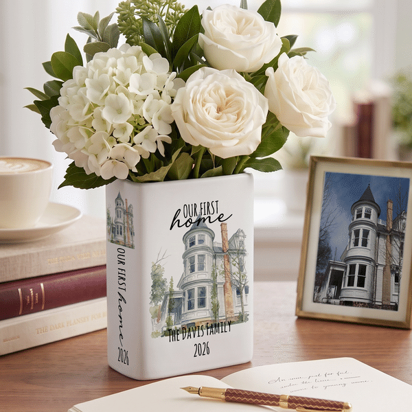Vase en céramique en forme de livre, personnalisé d'une photo de maison à l'aquarelle avec texte et année – Décoration d'intérieur, cadeau de pendaison de crémaillère ou de fêtes pour les nouveaux emménageurs et les amateurs de livres