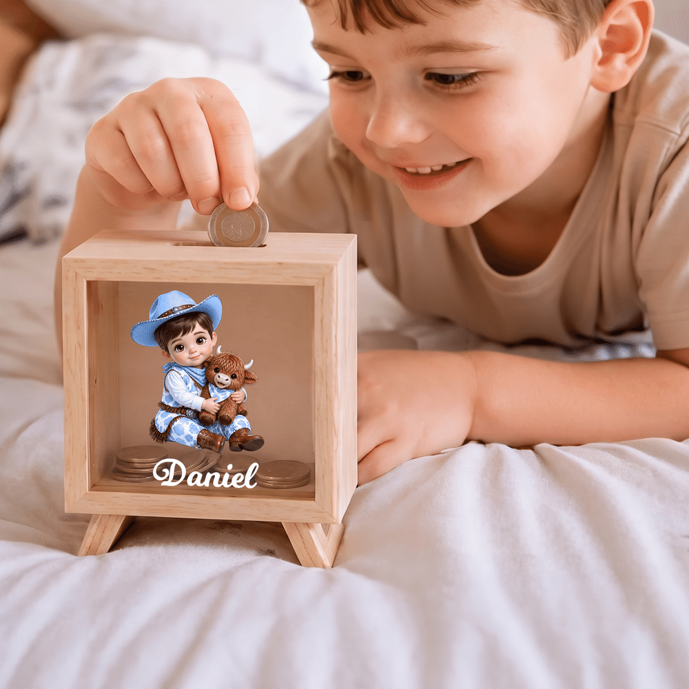 Hucha de madera personalizada con diseño de dibujos animados de vaqueros y vaqueras, con efecto 3D, con nombre, decoración de escritorio, regalo de Navidad para niños 5