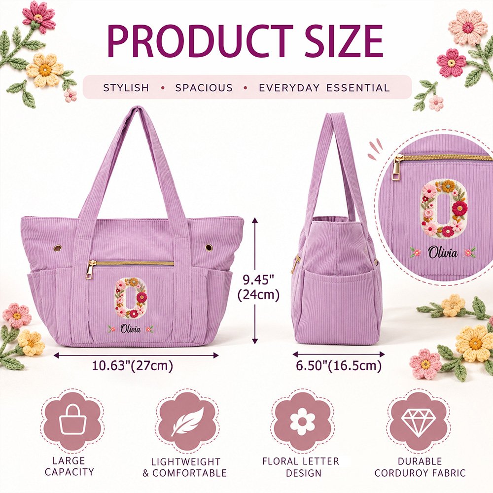 Borsa tote in velluto a coste personalizzata con iniziale floreale e ampia capienza, con nome: regalo di uso quotidiano, per compleanni e Natale, per donne appassionate di uncinetto 11