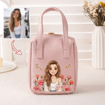 Personalised Birth Flower & Cartoon Character Photo PU Leather Makeup Bag with Name and Handle Daily Use Birthday Gift for Girls Women 1