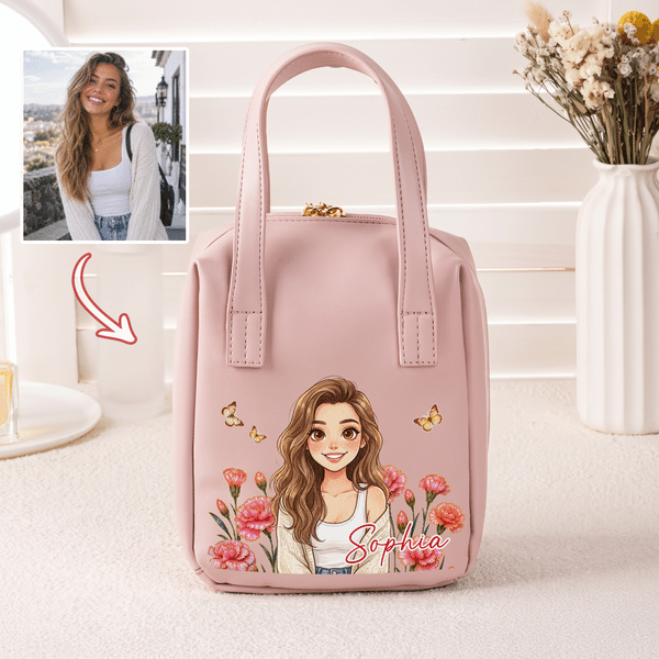 Personalised Birth Flower & Cartoon Character Photo PU Leather Makeup Bag with Name and Handle Daily Use Birthday Gift for Girls Women