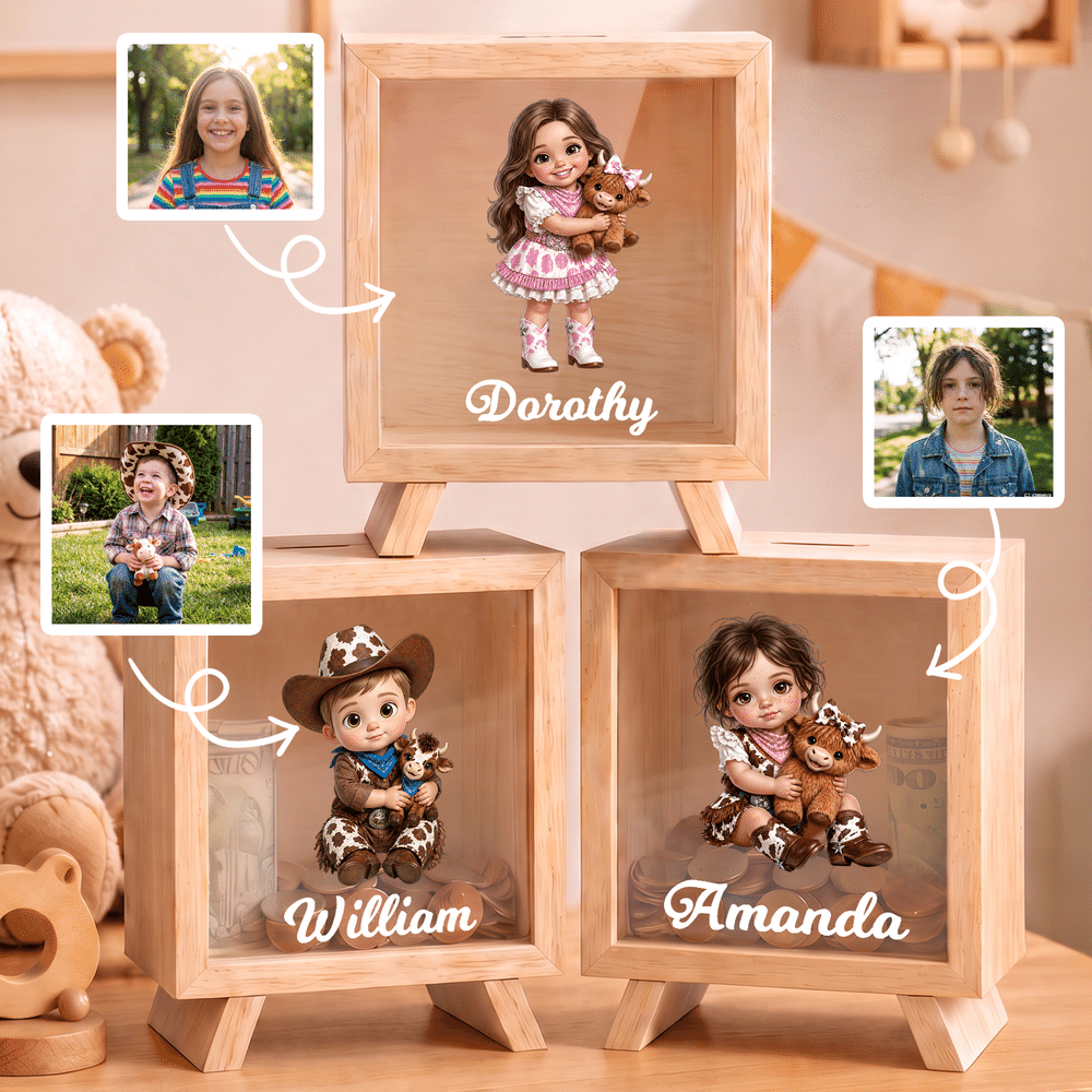 Hucha de madera personalizada con diseño de dibujos animados de vaqueros y vaqueras, con efecto 3D, con nombre, decoración de escritorio, regalo de Navidad para niños 1