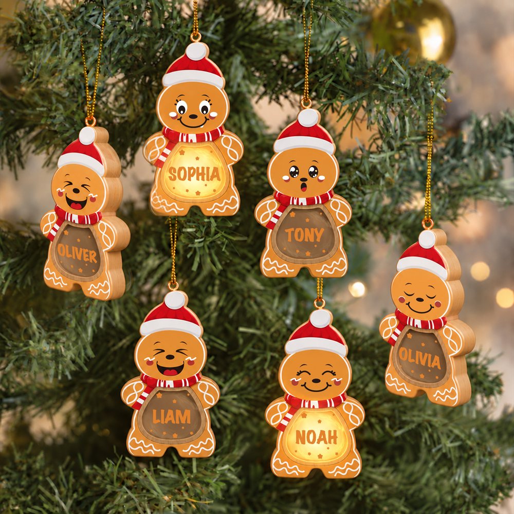 Personalized 1-14 Christmas Gingerbread Family LED Light Wooden Ornament with Name and Text Home Decor Christmas Gift for Family Grandma Mom 7
